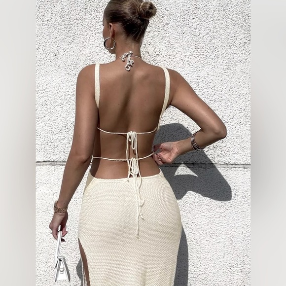 Boho Knitted White & Black Lightly Braided Dress Summer Coverup, Beach Summer - Picture 3 of 4